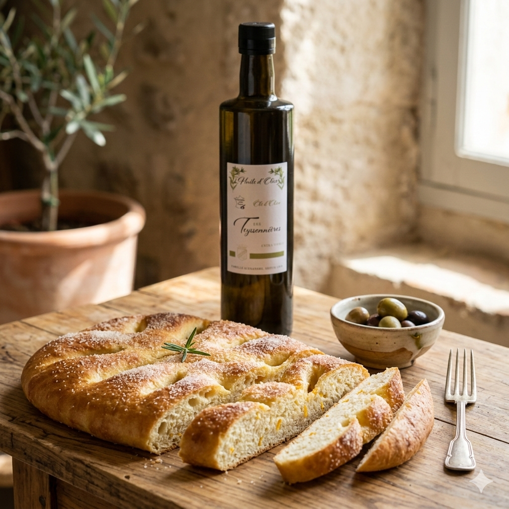 Filet d'Huile d'Olive extra vierge des Teyssonni&egrave;res sublimant un plat de cuisine proven&ccedil;ale gastronomique.